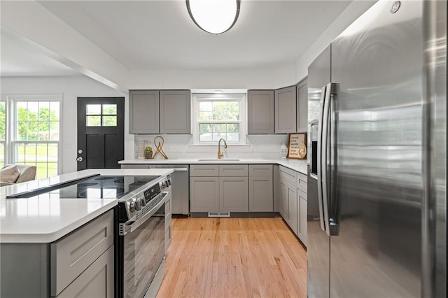 811 NW Maynard St, Blue Springs, MO 64015 - kitchen with stainless steel appliances, gray cabinetry, light countertops, and light wood-style flooring
