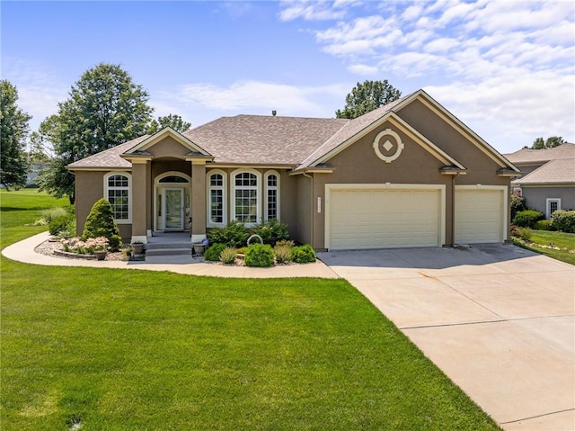 4148 SE Paddock Dr, Lees Summit, MO 64082 - ranch-style house with stucco siding, an attached garage, driveway, a front yard, and roof with shingles