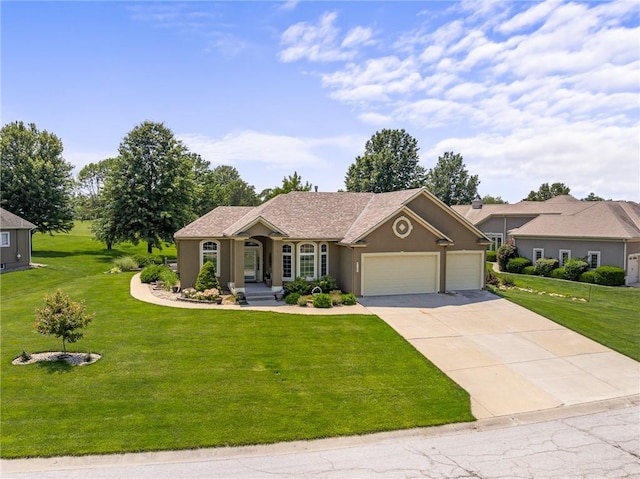 4148 SE Paddock Dr, Lees Summit, MO 64082 - ranch-style house featuring a garage, a front lawn, driveway, and stucco siding