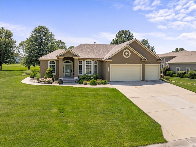 4148 SE Paddock Dr, Lees Summit, MO 64082 - view of front of home with stucco siding, a garage, driveway, and a front lawn