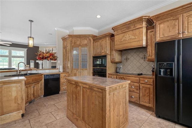 4148 SE Paddock Dr, Lees Summit, MO 64082 - kitchen featuring black appliances, a center island, tasteful backsplash, crown molding, and recessed lighting