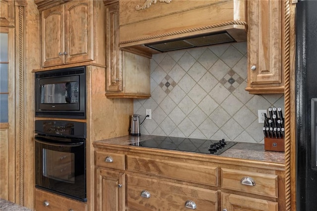4148 SE Paddock Dr, Lees Summit, MO 64082 - kitchen with black appliances, tasteful backsplash, brown cabinets, custom exhaust hood, and dark countertops