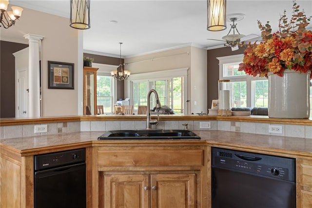 4148 SE Paddock Dr, Lees Summit, MO 64082 - kitchen featuring dishwasher, a chandelier, plenty of natural light, crown molding, and pendant lighting