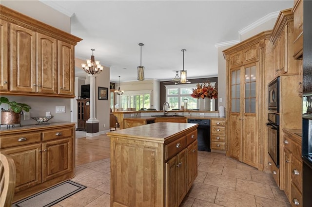 4148 SE Paddock Dr, Lees Summit, MO 64082 - kitchen featuring black appliances, a chandelier, a peninsula, a center island, and hanging light fixtures