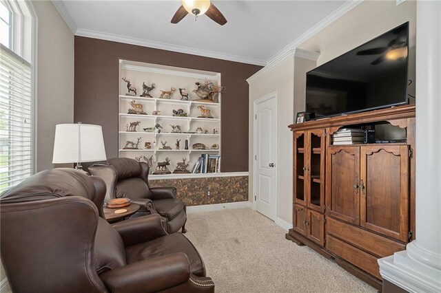 4148 SE Paddock Dr, Lees Summit, MO 64082 - sitting room with ceiling fan, light carpet, and ornamental molding