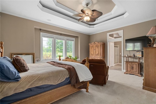 4148 SE Paddock Dr, Lees Summit, MO 64082 - bedroom featuring light colored carpet, crown molding, ceiling fan, and a tray ceiling