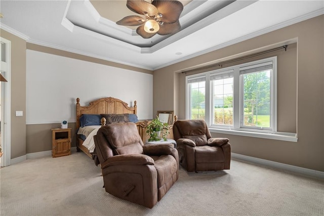 4148 SE Paddock Dr, Lees Summit, MO 64082 - bedroom with multiple windows, carpet floors, crown molding, a tray ceiling, and ceiling fan