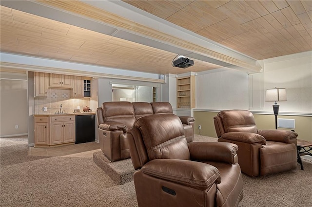 4148 SE Paddock Dr, Lees Summit, MO 64082 - cinema room with light colored carpet, wet bar, wooden ceiling, and crown molding