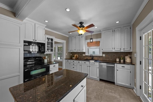 6424 Floyd St, Overland Park, KS 66202 - kitchen with black appliances, recessed lighting, decorative backsplash, a ceiling fan, and light tile patterned floors