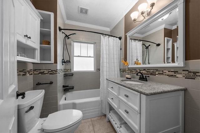 6424 Floyd St, Overland Park, KS 66202 - bathroom featuring tile walls, crown molding, shower / bath combo with shower curtain, vanity, and tile patterned floors