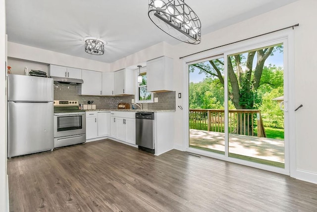 20007 E 13th St S, Independence, MO 64057 - kitchen with appliances with stainless steel finishes, under cabinet range hood, tasteful backsplash, and dark wood-type flooring