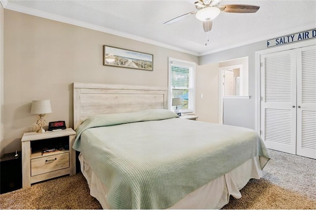 2541 NE Dale Hunter Ln, Lees Summit, MO 64086 - bedroom with dark carpet, ornamental molding, a closet, and a ceiling fan