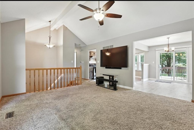 2541 NE Dale Hunter Ln, Lees Summit, MO 64086 - unfurnished living room featuring ceiling fan, carpet, beam ceiling, a chandelier, and high vaulted ceiling