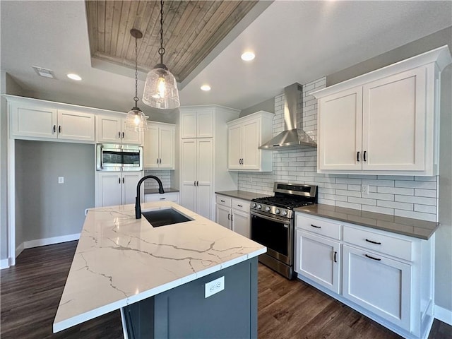 11805 E Ridgeview Ct, Peculiar, MO 64078 - kitchen featuring wall chimney range hood, stainless steel appliances, wood ceiling, white cabinets, and recessed lighting
