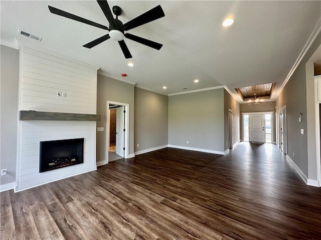 11805 E Ridgeview Ct, Peculiar, MO 64078 - unfurnished living room with crown molding, wood finished floors, ceiling fan, a fireplace, and recessed lighting