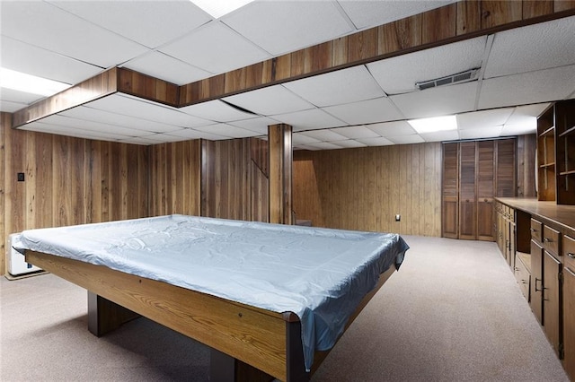 13220 W 76th St, Lenexa, KS 66216 - recreation room featuring a drop ceiling, light carpet, wooden walls, and billiards table