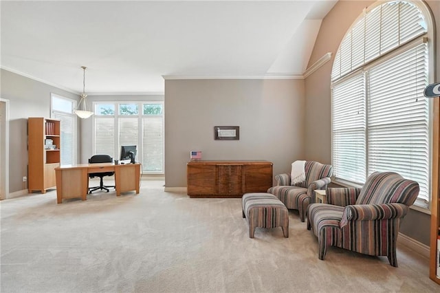 5708 Cottonwood St, Shawnee, KS 66216 - living area with an office area, light carpet, crown molding, and vaulted ceiling