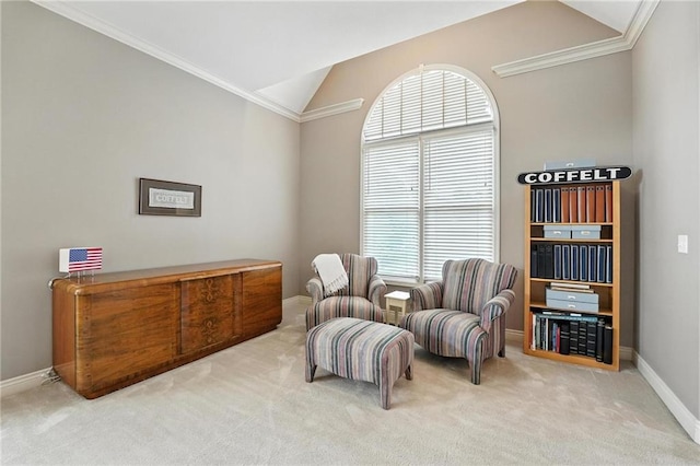 5708 Cottonwood St, Shawnee, KS 66216 - living area featuring vaulted ceiling, plenty of natural light, carpet flooring, and ornamental molding