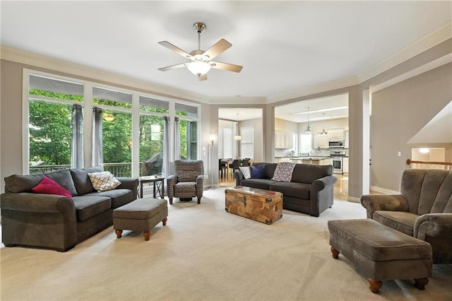 5708 Cottonwood St, Shawnee, KS 66216 - living area with light colored carpet, ceiling fan, and crown molding