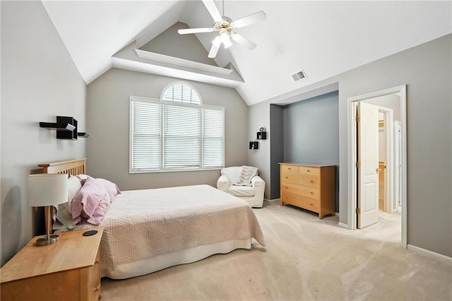 5708 Cottonwood St, Shawnee, KS 66216 - bedroom featuring light carpet, vaulted ceiling, and a ceiling fan
