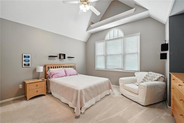 5708 Cottonwood St, Shawnee, KS 66216 - bedroom featuring light carpet, lofted ceiling, and a ceiling fan