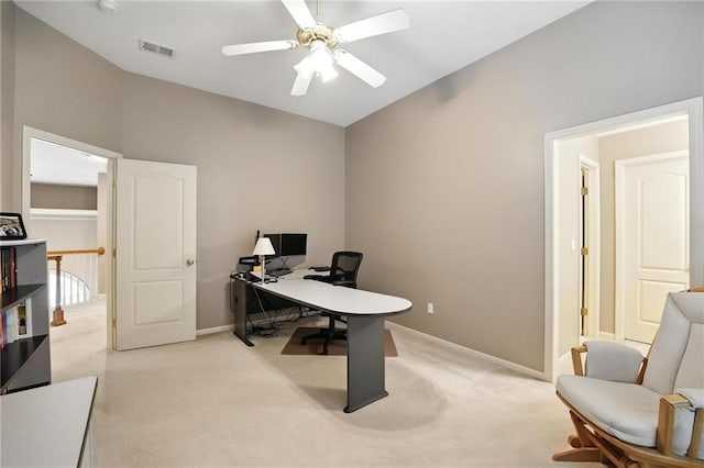 5708 Cottonwood St, Shawnee, KS 66216 - office with light carpet, lofted ceiling, and a ceiling fan