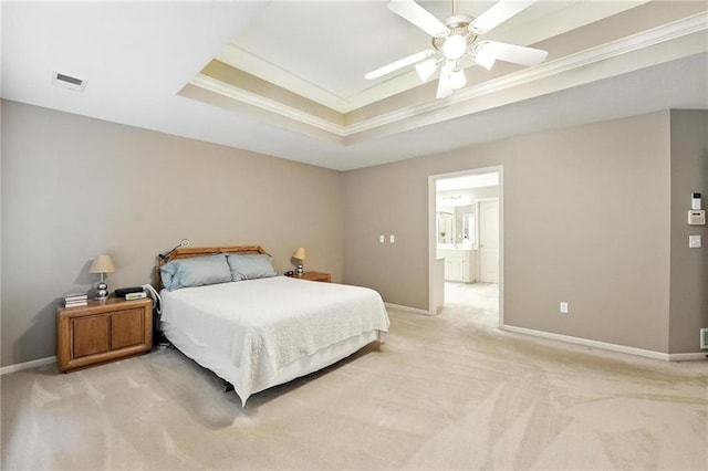 5708 Cottonwood St, Shawnee, KS 66216 - bedroom featuring a tray ceiling, crown molding, light colored carpet, ensuite bath, and ceiling fan