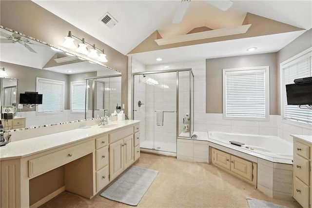 5708 Cottonwood St, Shawnee, KS 66216 - full bath featuring a shower stall, a bath, vanity, and vaulted ceiling