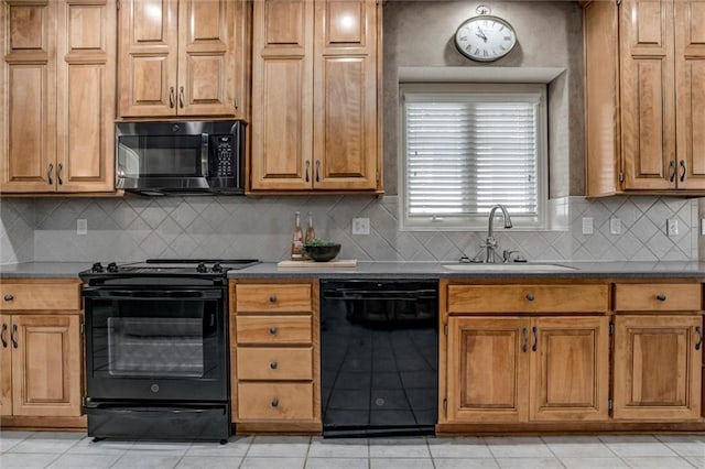 19326 W 98th St, Lenexa, KS 66220 - kitchen featuring black appliances, brown cabinetry, decorative backsplash, and light tile patterned flooring