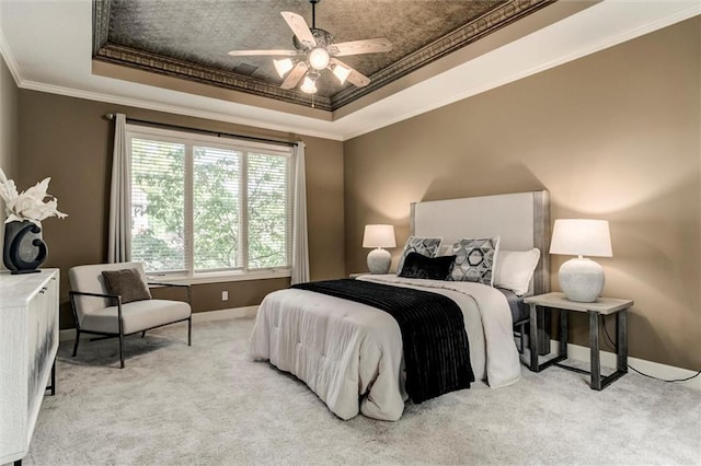 19326 W 98th St, Lenexa, KS 66220 - bedroom featuring a raised ceiling, light colored carpet, crown molding, and a ceiling fan