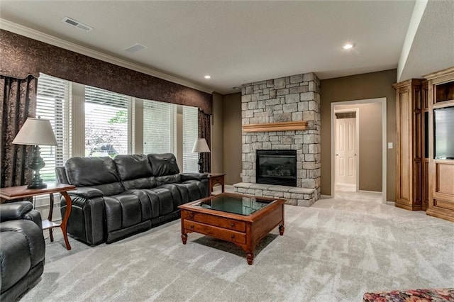 19326 W 98th St, Lenexa, KS 66220 - living room with light colored carpet, crown molding, a fireplace, and recessed lighting