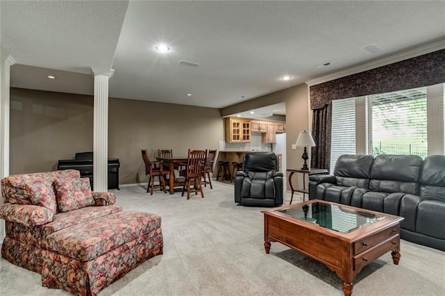 19326 W 98th St, Lenexa, KS 66220 - living room with light carpet, recessed lighting, ornamental molding, and a textured ceiling