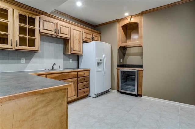 19326 W 98th St, Lenexa, KS 66220 - kitchen with white fridge with ice dispenser, wine cooler, crown molding, decorative backsplash, and recessed lighting