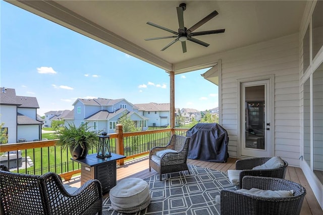 12605 W 169th St, Overland Park, KS 66221 - wooden terrace featuring a residential view, area for grilling, ceiling fan, a yard, and outdoor lounge area