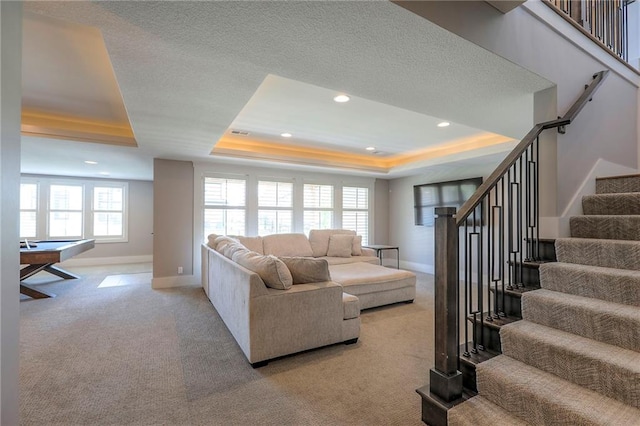 12605 W 169th St, Overland Park, KS 66221 - living area with a tray ceiling, light carpet, recessed lighting, stairs, and pool table