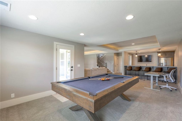 12605 W 169th St, Overland Park, KS 66221 - recreation room with carpet floors, pool table, bar, recessed lighting, and a tray ceiling