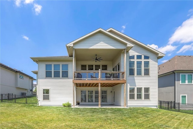 12605 W 169th St, Overland Park, KS 66221 - rear view of house featuring a balcony, ceiling fan, a fenced backyard, and a patio