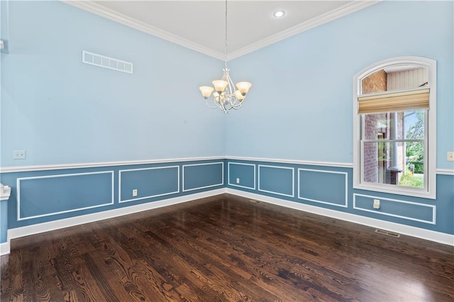 31134 W 161st St, Excelsior Springs, MO 64024 - unfurnished room featuring ornamental molding, a chandelier, wood finished floors, a wainscoted wall, and recessed lighting