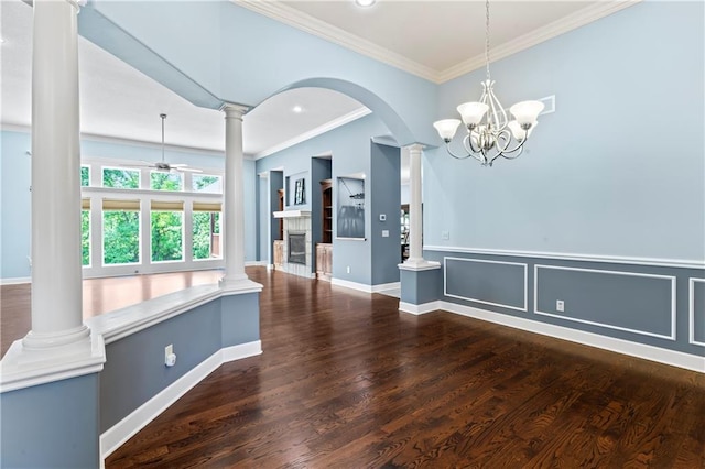 31134 W 161st St, Excelsior Springs, MO 64024 - unfurnished dining area with crown molding, decorative columns, a ceiling fan, wood finished floors, and recessed lighting