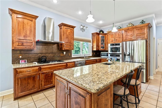 31134 W 161st St, Excelsior Springs, MO 64024 - kitchen featuring stainless steel appliances, wall chimney exhaust hood, light stone countertops, light tile patterned flooring, and crown molding