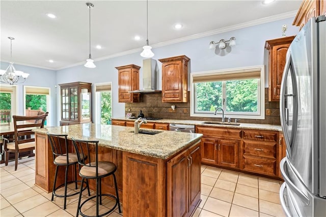 31134 W 161st St, Excelsior Springs, MO 64024 - kitchen with appliances with stainless steel finishes, wall chimney range hood, light tile patterned floors, plenty of natural light, and crown molding