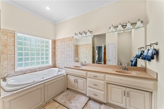 31134 W 161st St, Excelsior Springs, MO 64024 - full bathroom featuring a jetted tub, double vanity, tile walls, crown molding, and tile patterned flooring