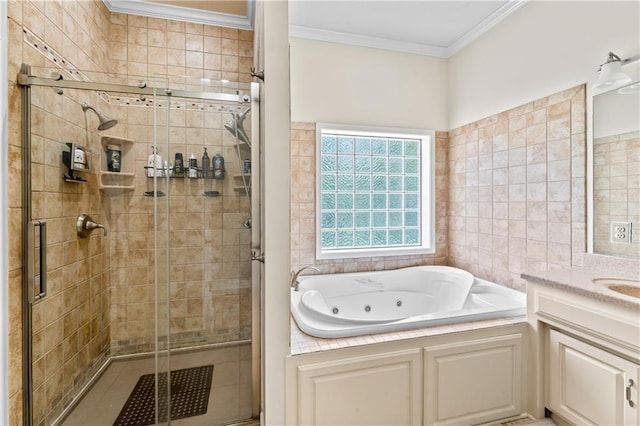 31134 W 161st St, Excelsior Springs, MO 64024 - bathroom with a tub with jets, a shower stall, vanity, and ornamental molding