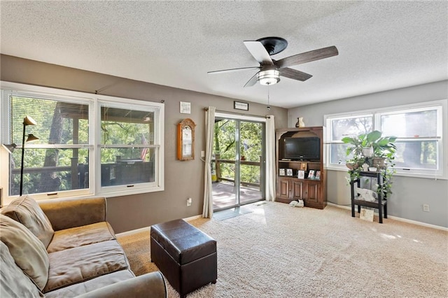 321 W Sugarlake Dr, Mound City, KS 66056 - carpeted living room featuring ceiling fan and a textured ceiling