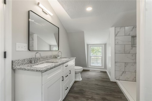 8801 E 49th St, Kansas City, MO 64129 - full bath featuring a textured ceiling, double vanity, wood finished floors, and a shower