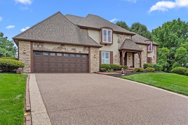 4328 W 110th St, Leawood, KS 66211 - french country inspired facade with stone siding, a shingled roof, an attached garage, and a front yard