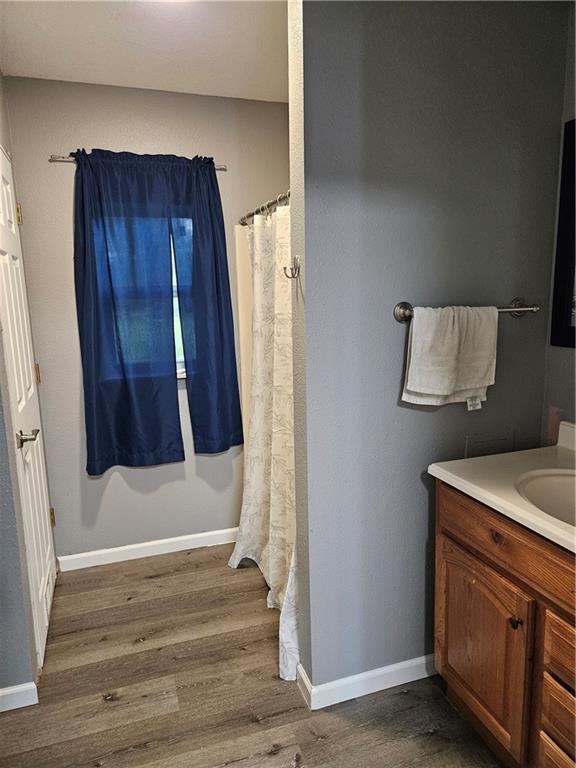245 S 250th St, Pittsburg, KS 66762 - bathroom featuring wood finished floors, vanity, and a shower with curtain