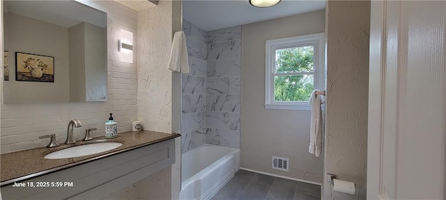 8738 Horton St, Overland Park, KS 66207 - full bathroom with vanity, backsplash, and bathing tub / shower combination