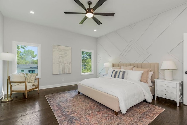 2201 W 74th St, Prairie Village, KS 66208 - bedroom featuring dark wood-style flooring, recessed lighting, and a ceiling fan