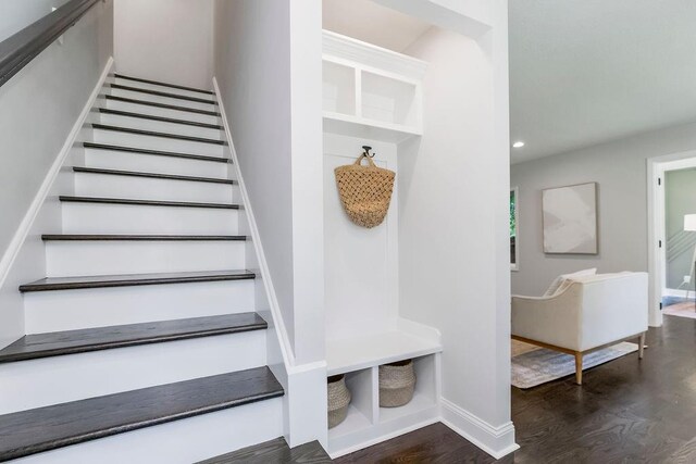 2201 W 74th St, Prairie Village, KS 66208 - staircase with wood finished floors and recessed lighting